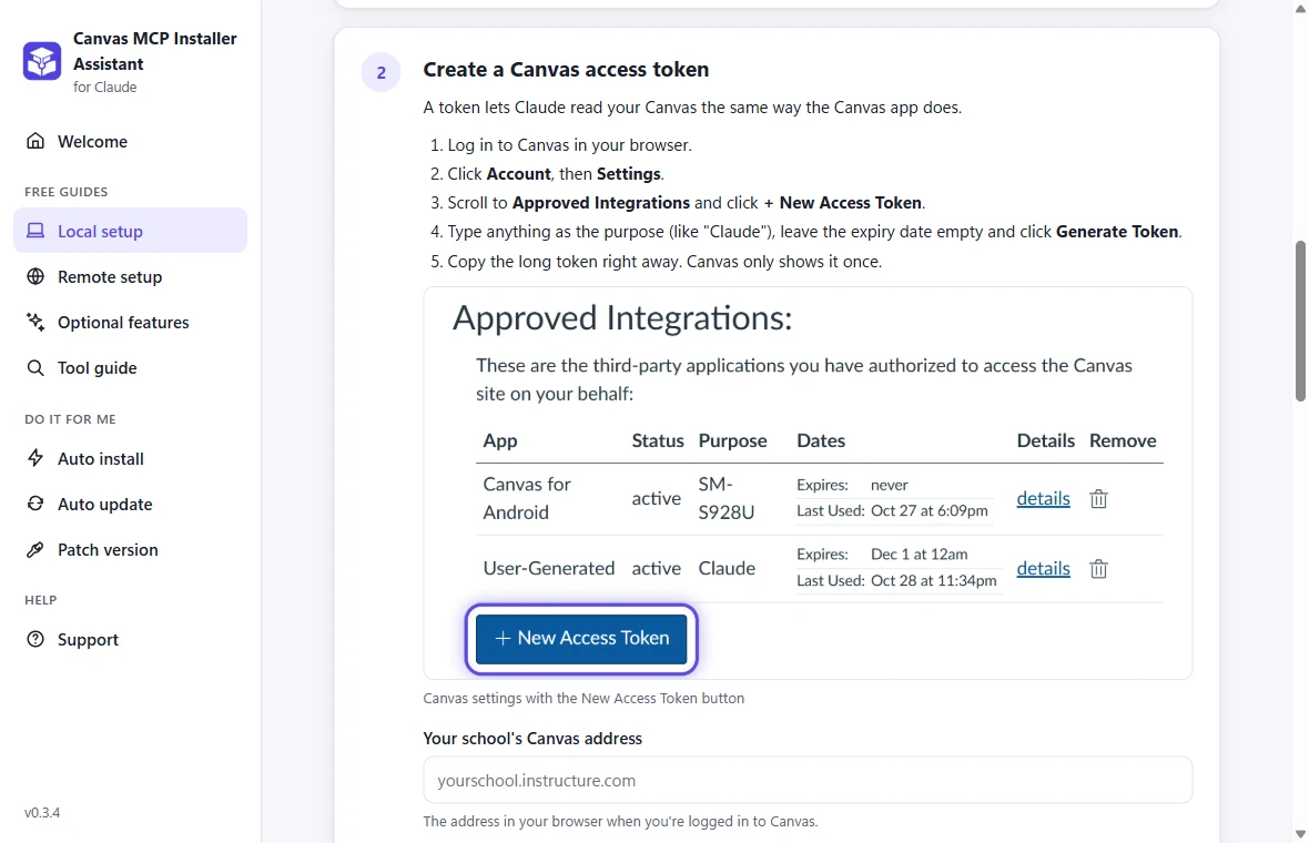 A guide step showing where to create a Canvas access token