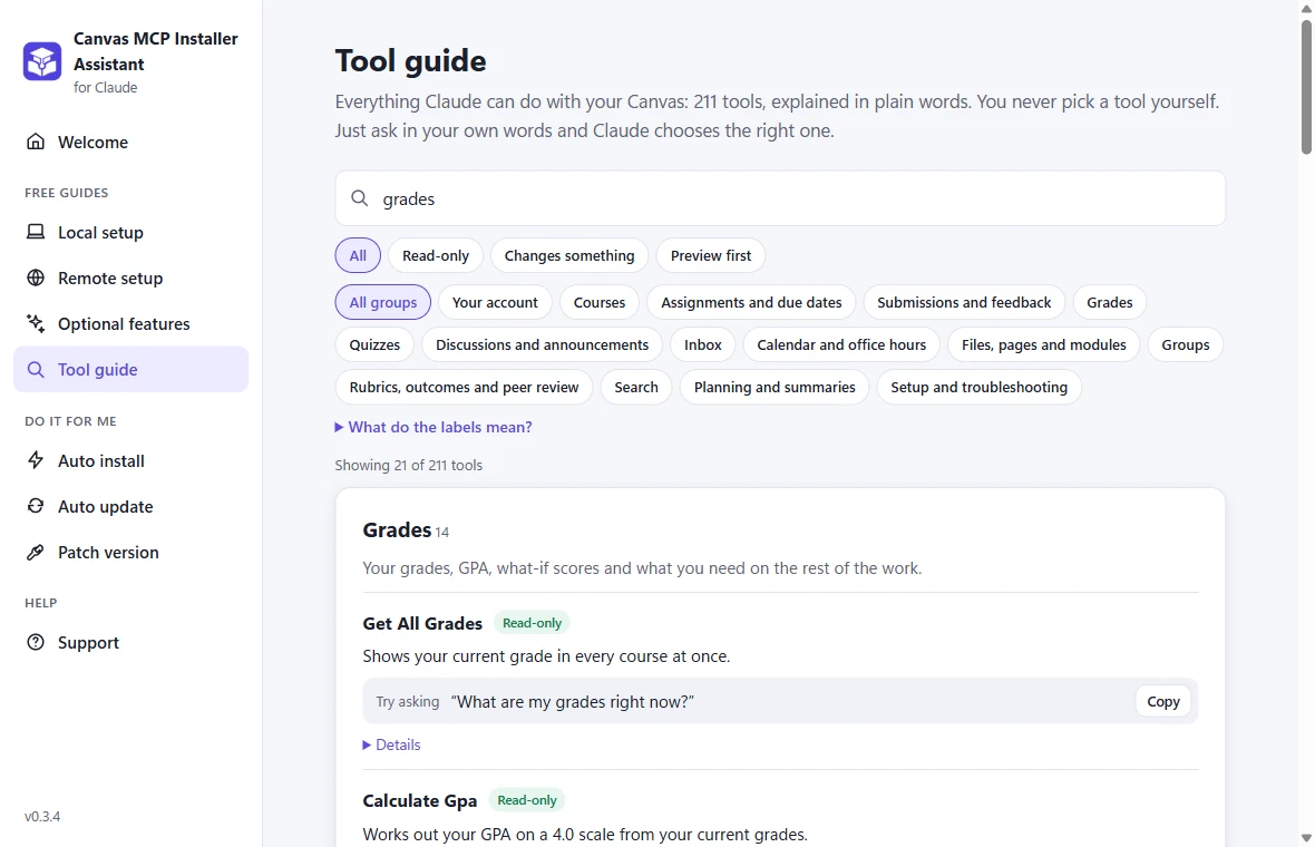The Tool guide searching for grades