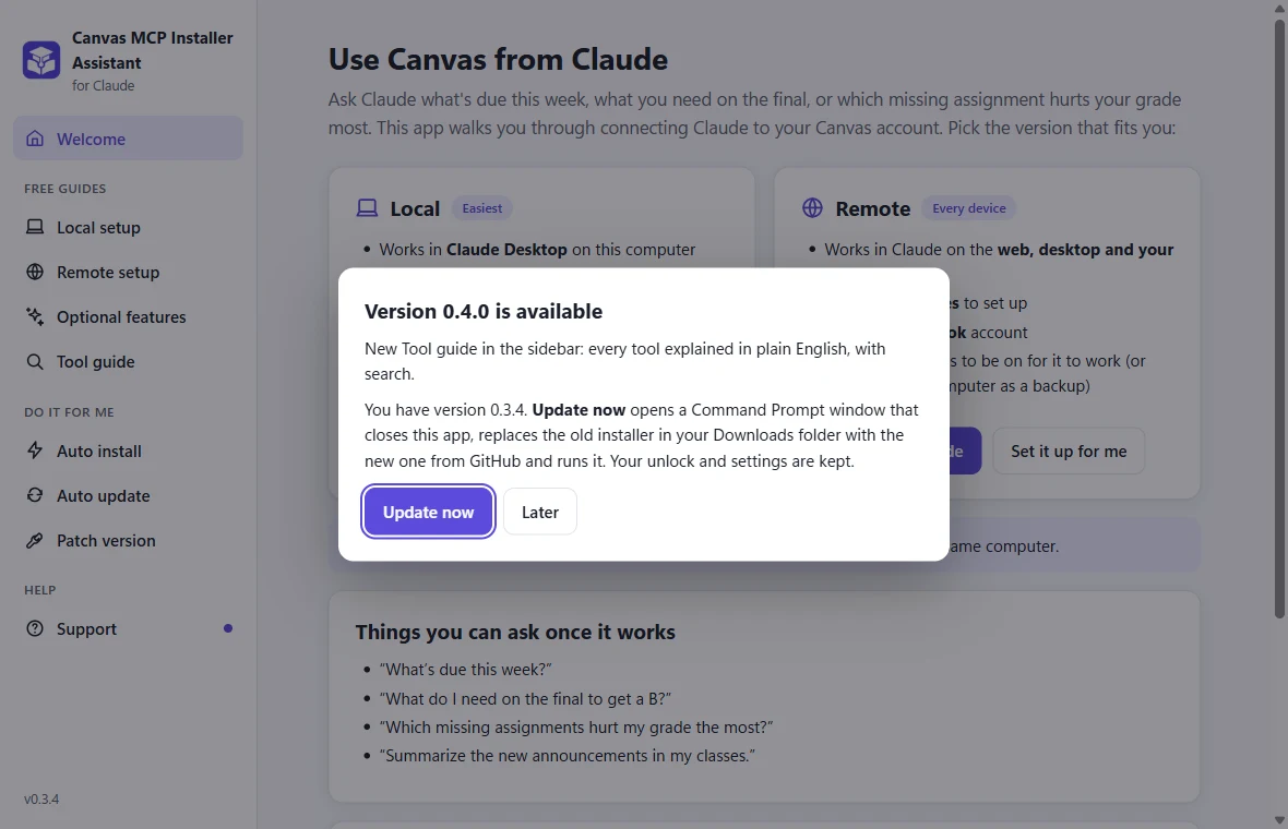 The update popup with an Update now button