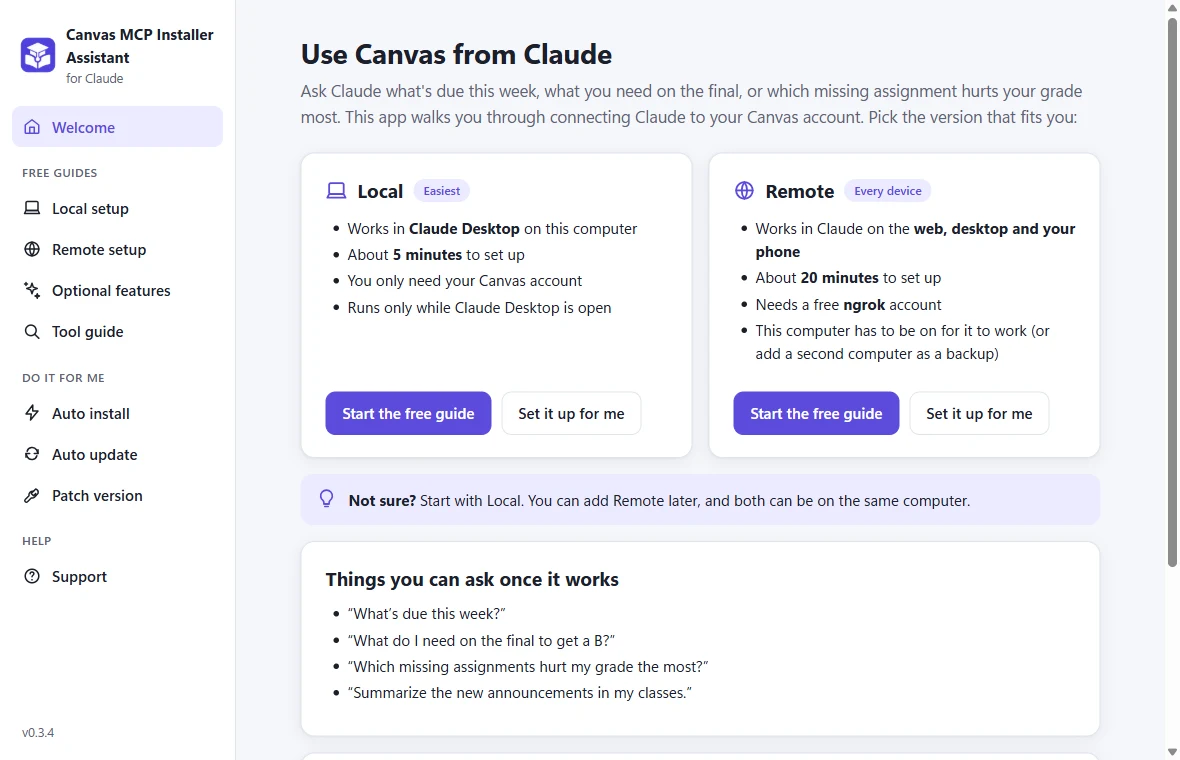The app's Welcome page: choose Local or Remote, with things you can ask Claude once it works